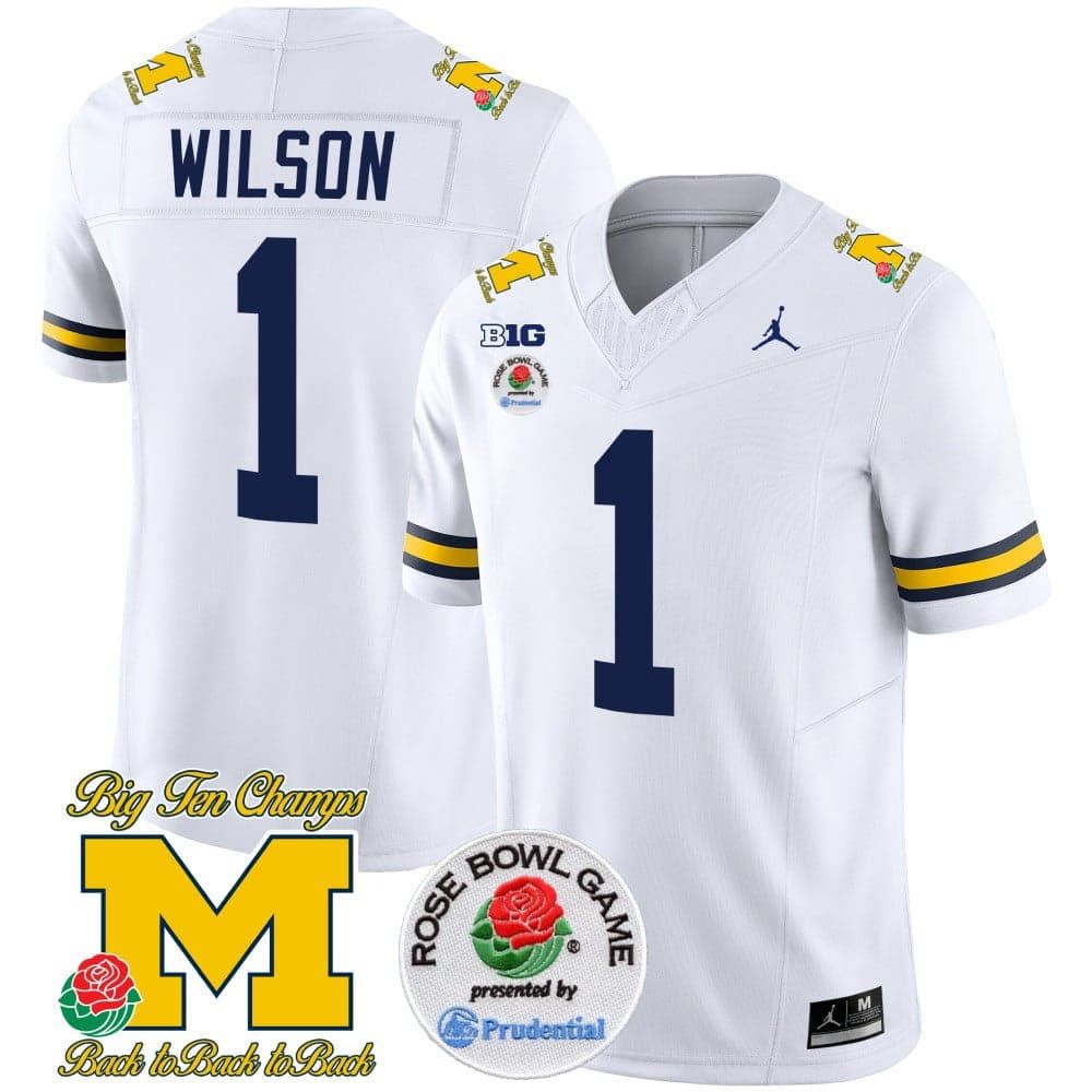 Men Michigan Wolverines #1 Wilson White 2024 Rose Bowl Patch Vapor Limited NCAA Jersey